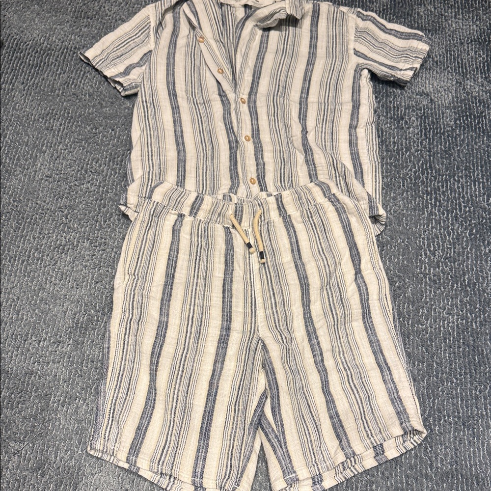 Striped Linen-Blend Short Set in Cream & Navy boys size 9-10
